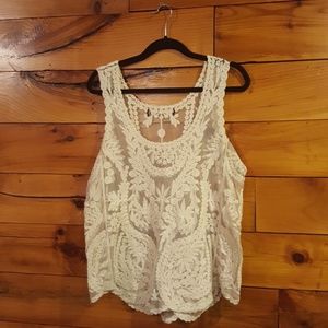 Cream Embroidered Mesh Top